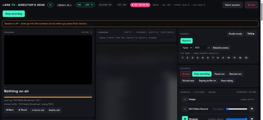 The Director’s Desk: program view, rundown, scenes and outputs